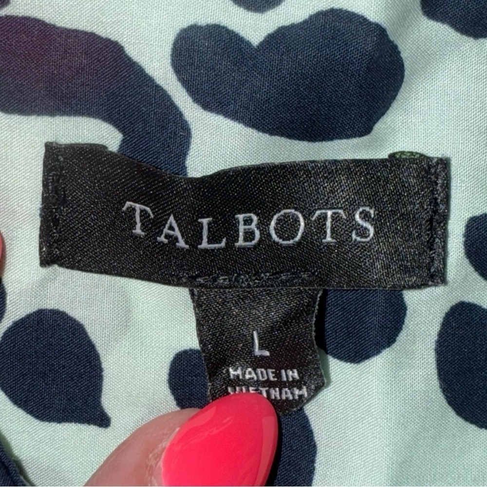 TALBOTS CLASSIC COTTON SHIRT - GRAPHIC CHEETAH Women’s Large - Mint Green/Navy - Picture 14 of 15